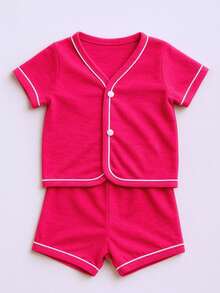 Pijama para Bebê Manga curta Baby Doll Americano Com Botão Conjunto Bebê menino Conjunto Bebê menina Primavera Verão Pijama infantil menino Pijama infantil menina - Pink - Visão 3