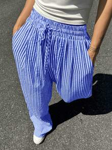 Wide Leg Striped Elastic Palazzo Pants With Pockets - Royal Blue - View 3