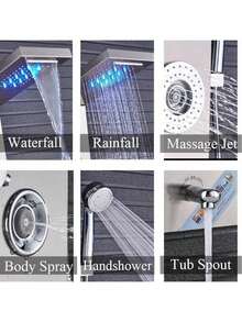 Sistema de ducha LED Panel de ducha de lluvia negra Sistema de torre Sistema de cabezal de ducha de cascada montado en la pared 5 funciones Columna de ducha de masaje con ducha de mano - Níquel cepillado - Ver 5