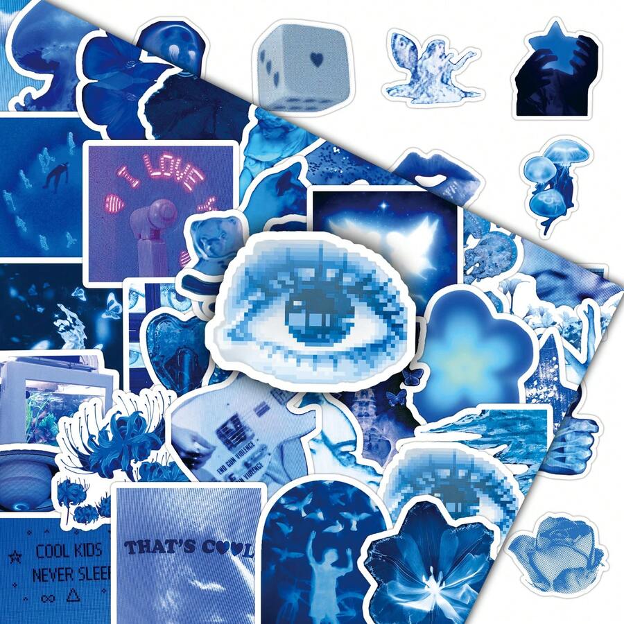 50 pièces Autocollants décoratifs rétro de science-fiction esthétique bleu basse résolution pour scrapbooking, journaux, tasses