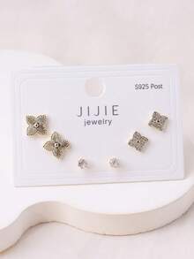 3 أزواج من أقراط الأزرار البسيطة الأنيقة الصغيرة الجميلة ذات 4 بتلات على شكل زهرة للنساء