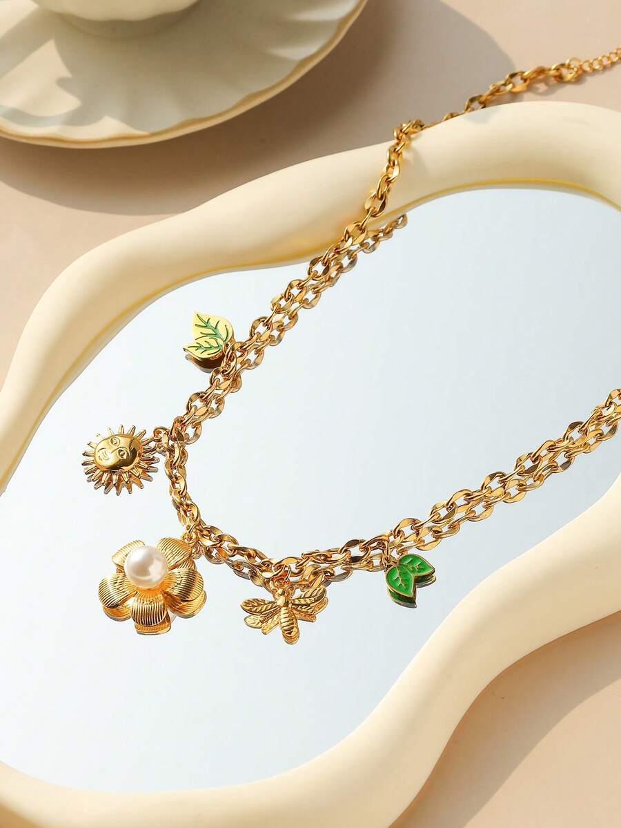 Mazuer 1pc 18K Gold Plated Stainless Steel Vintage Minimalist Elegant Floral Pearl Pendant Necklace, Versatile Gift For Women, Suitable For Halloween, Holiday, Party, Daily Wear, Vacation