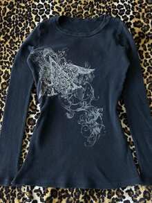 Women Y2k Fairy Grunge Shirts Vintage Gothic Tops Vintage Aesthetic Graphic Long Sleeve Tees 90s E Girls Emo Top Harajuku Clothes Streetwear - 黑色 - 查看 3