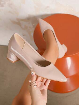 女士纯色中跟高跟鞋 - 尖头仿皮高跟鞋，橡胶鞋底，适合所有季节、婚礼、办公室、通勤、正式场合