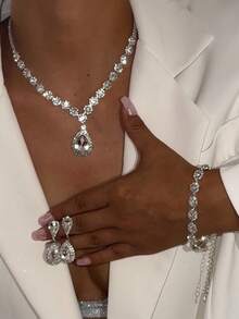 3pcs Rhinestone Tassel Bridal Jewelry Set - Necklace, Earrings, Bracelet, Suitable For Wedding, Party Dress