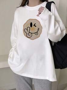 新款宽松休闲百搭卡通笑脸印花长袖女式T恤 - 白色 - 查看 2