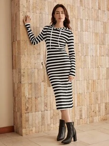 Wildy Women's Black & White Ribbed Hooded Bodycon Maxi Dress - Black and White - View 1