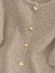 1pc Women's Solid Color Metallic Button Sweater, Casual Round Neck Short Sleeve Cardigan, Versatile Knit Sweater Tops, Fall/Winter Spring - Khaki - View 6