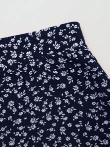 EARO 女士春夏碎花高腰A字飘逸雪纺半身裙，休闲户外装 - 藏蓝色 - 查看 5