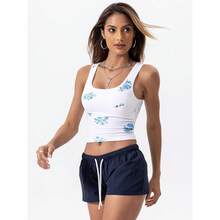 Women Rib Tank Top Padded Workout Top Square Neck Crop Tank Fitted Basic Cami Tops - Floral Forget-me-not Blue - View 5