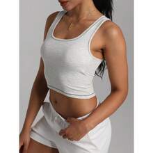 Women Rib Tank Top Padded Workout Top Square Neck Crop Tank Fitted Basic Cami Tops - Heather White - View 5
