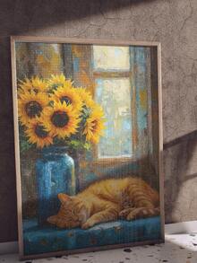 5D DIY钻石画 | 美丽的阳光场景马赛克套装，阳光洒在向日葵上，一只小猫在酣睡。DIY钻石画套装。高清手工装饰画。钻石画礼品，专注身心，DIY解压。 - 彩色 - 查看 2