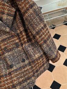 女士宽松格子翻领纽扣休闲长袖外套，带口袋，适合秋、冬、春季穿着。