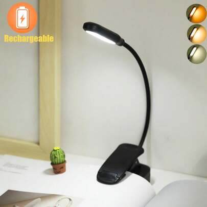 1pc Portable Rechargeable Book Reading Light With Clip, Adjustable 3-Color Light, Warm Light/White Light/Warm White Light, Bendable Lamp Arm, Suitable For Night Reading In Bedrooms And Reading In Student Dormitories,Tabletop Use Book Light,Light For Reading