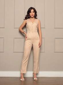Women's Tailored Jumpsuit Simple Elegant Button Pocket - 卡其色 - 查看 8