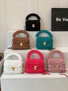1 件手工钩编花卉条纹女士手提包，时尚休闲手提包，配有可拆卸链带，多功能大容量，适合日常使用和派对，送给朋友的礼物 - 彩色 - 查看 2