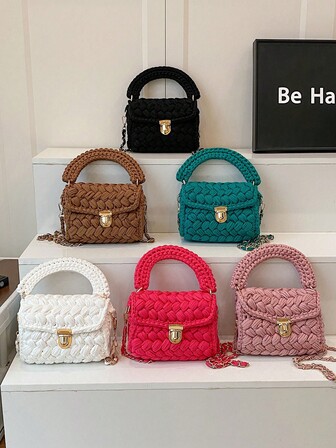 1pc Handmade Crocheted Floral Striped Women Handbag, Fashion Casual Tote Bag With Detachable Chain Strap, Versatile And Large Capacity, Suitable For Daily Use And Parties, Gift For Friends, Vacation Essentials, Perfectly Matching With Beach Accessories Women, Hottest Beach Bags