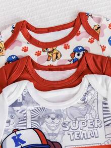 3pcs/Set Fashionable Baby Boy Clothes, Round Neck Short Sleeve Loose Cute Puppy Pattern Newborn Infant Bodysuit Outfit - Red - View 4