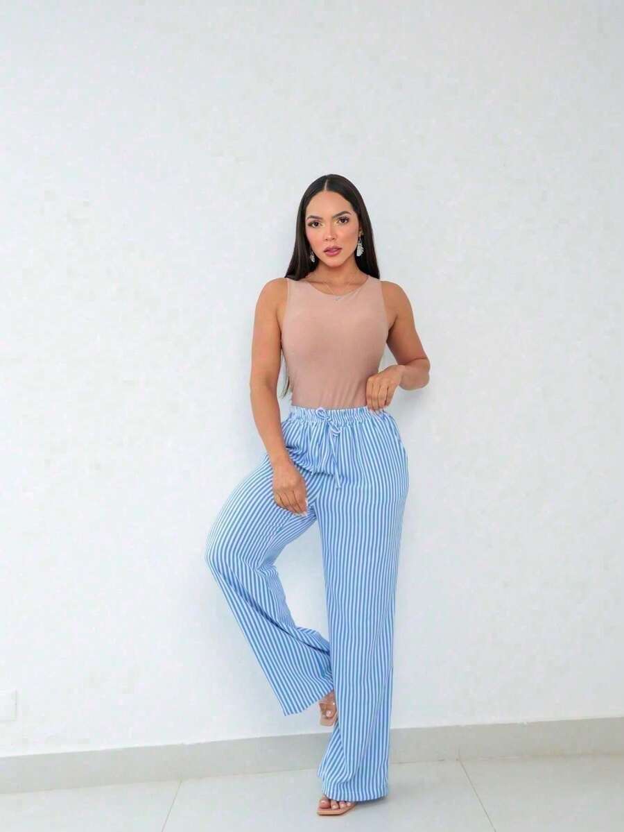 Wide Leg Striped Elastic Palazzo Pants With Pockets - Blue - View 1