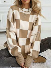 Women's Casual Loose Fit Drop Shoulder Colorblock Turtleneck Sweater - Khaki - View 3