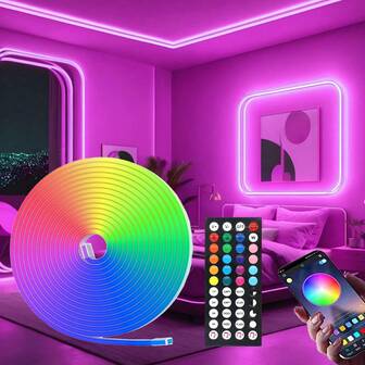 3,28 pies /6,56 pies /9,84 pies /13,1 pies /16,4 pies Luces LED de neón, Luces LED para dormitorio, Luces de cuerda inteligentes con control remoto de 44 teclas, Luces LED RGB que cambian de color con sincronización de música, para dormitorio, sala de estar, familia, decoración de fiestas de Navidad, control de aplicación de teléfono móvil, decoración de habitación