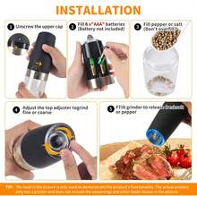 Juego de molinillos eléctricos de sal y pimienta 2025 nuevo, regalo de Halloween y Navidad, juego de molinillos eléctricos de sal y pimienta por gravedad, juego de frascos eléctricos de sal y pimienta, molinillo eléctrico de pimienta y sal, a pilas, molinillo de pimienta negra con grado de molienda ajustable, molienda automática, adecuado para barbacoa, restaurante, cocina, para pimienta blanca, pimienta negra, sal marina, comino con grado de molienda ajustable, herramienta de molienda de cocina con luz LED, adecuada para uso doméstico