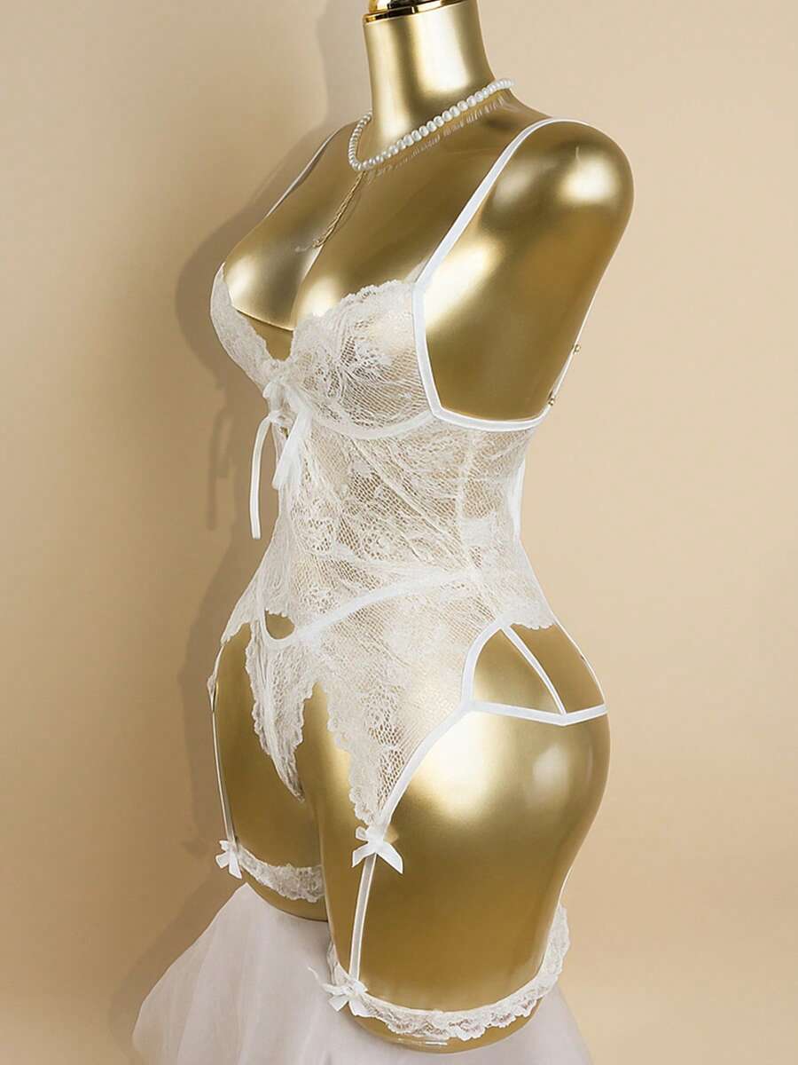 3 Pcs Women's Sexy Lingerie Set - Floral Lace Backless Nightgown With Garter Belt, Satin Bow & Ruffle Thigh Cuffs, V-Neck Bra & Thong, Seductive Bedroom Sleepwear For Valentine's Day Theme Parties, Romantic Shapewear Gift - 白色 - 查看 1