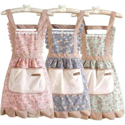 1pc/Floral Polyester Kitchen Apron With Pockets For Women - Perfect For Cooking & Christmas, Ultra-Soft Microfiber Lining