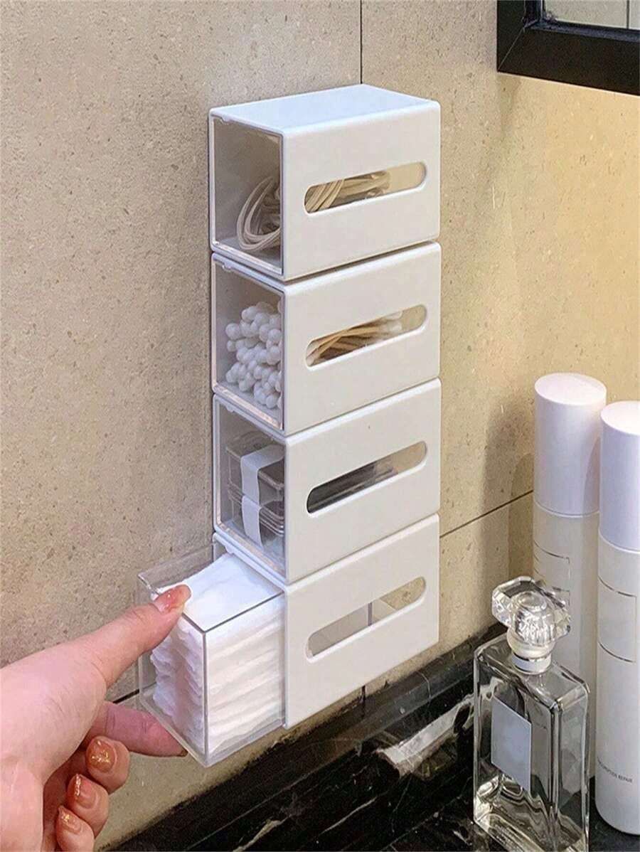 1pc White Wall Mounted Swab Storage Box & Transparent Drawer Organizer Bathroom Hair Accessories And Jewelries - White - View 1
