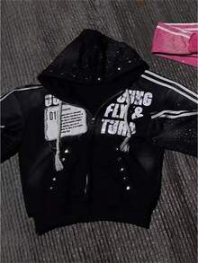 Versatile Fashion Street  Personality Hooded Zipper Sweater Comfortable Casual Jacket Sweater Letter Printing - 黑色 - 查看 1
