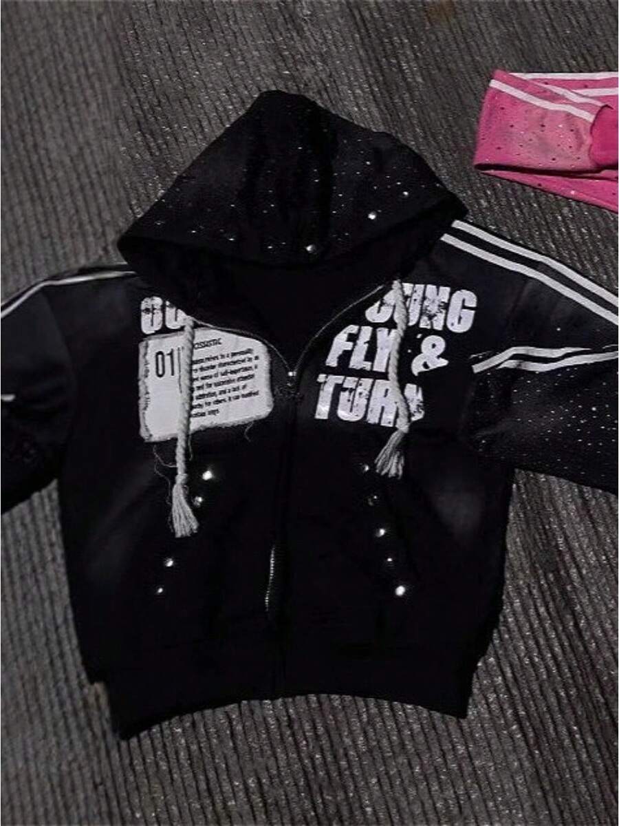 Versatile Fashion Street  Personality Hooded Zipper Sweater Comfortable Casual Jacket Sweater Letter Printing - 黑色 - 查看 1