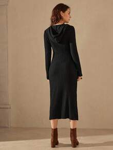 Wildy 女式黑色罗纹抽绳中长紧身连衣裙 - 黑色 - 查看 5