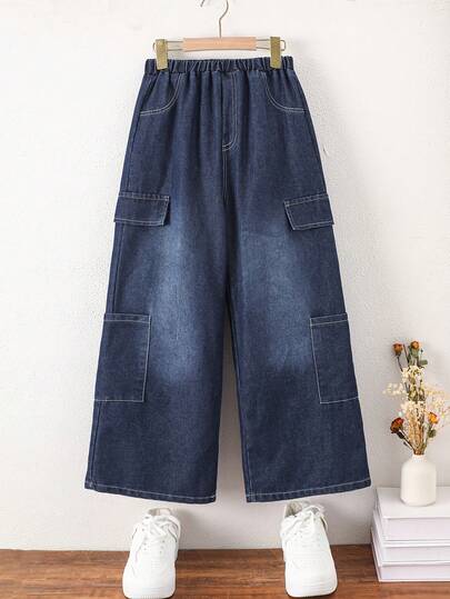 Tween Girls' Cargo Pants, Fashionable Children's Loose Wide Leg Pants, Tween Girls Casual Cool Slim Fit Jeans, Big Tween Girl Denim Long Pants