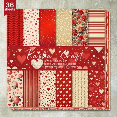 36 arkuszy papieru do scrapbookingu o wymiarach 6 cali (tło walentynkowe z czerwonymi różami i serduszkami), nadające się do dzienników Bullet Journal, kolaży, kartek, albumów i prac rękodzielniczych