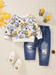 2 件套幼儿男童工程车印花长袖 T 恤和破洞牛仔裤套装，春秋季 - 白色 - 查看 10