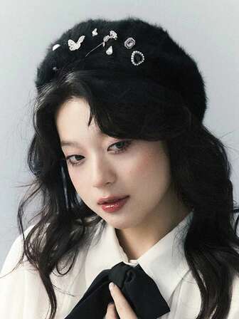 1pc Women's Autumn/Winter Beret Hat With Rabbit Fur Decoration, Diamond & Rhinestone Embellished, Warm French Knitted Knitted Beret, Suitable For Daily Wear, French Beret, Gift