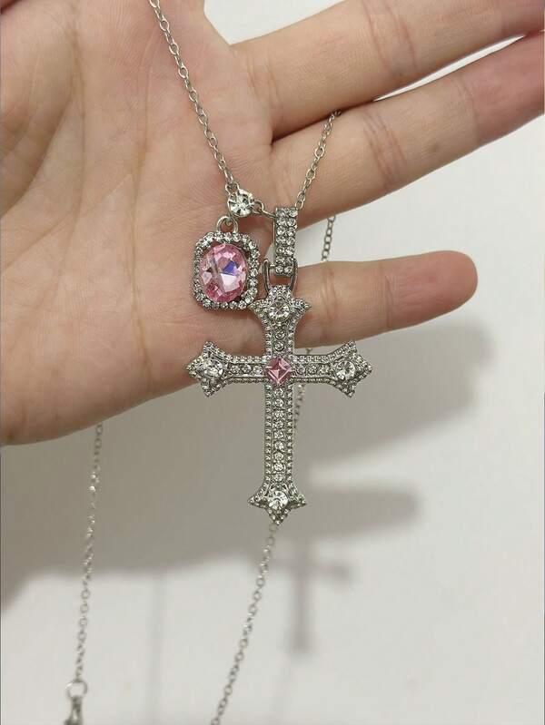 1pc Fully Rhinestoned Cross Necklace, Pink Cube Necklace, Fashionable Luxury Silver Necklace Suitable For Women's Daily Wear, Suitable For Dates, Parties, Holiday Gifts, Jewelry Gifts