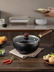 1 pieza Olla de hierro fundido sin revestimiento con tapa, olla de hierro de estilo chino de gran capacidad antiadherente, sartén multifuncional, apta para hervir sopa, saltear, calentamiento uniforme, aplicable a cualquier estufa, adecuada para hotel, restaurante, camping al aire libre, picnic, regalo