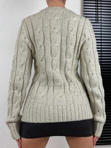 Women's Casual Cable Knit Embroidered Logo Crew Neck Sweater, Retro Style Minimalist Design For Autumn/Winter