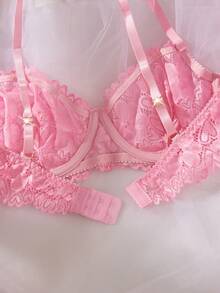 Lace Trim Sexy Lingerie Set For Women - Pink - View 4