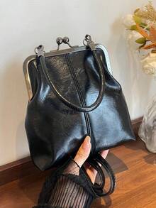 Women's PU Leather Crossbody Bag With Round Polka Dots, Vintage Style Handbag With Buckle Closure And Adjustable Shoulder Strap, Solid Color And Lightweight City Tote Bag - 黑色 - 查看 7