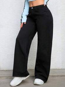 少女时尚纯色直筒牛仔裤 - 黑色 - 查看 6
