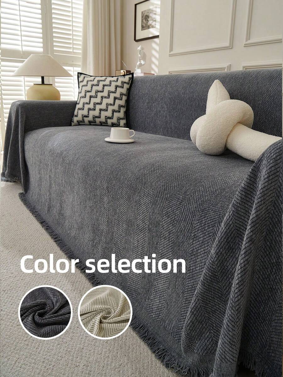 1 件套雪尼尔提花沙发盖毯，四季沙发座套，简约现代风格，可机洗，适合单人/双人/三人/四人沙发和组合沙发，家居装饰 - 深灰色 - 查看 1