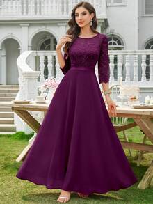 MIUSOL Đầm maxi dự tiệc trang trọng tay lửng 3/4 bằng chiffon, cổ tròn, ren hoa, thanh lịch dành cho nữ, đầm dạ hội, đầm dự đám cưới, đầm tốt nghiệp, đầm dạ tiệc, đầm dự tiệc trang trọng. - Màu Tím - Xem 4