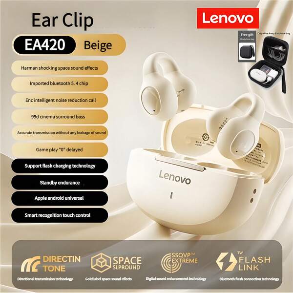 Lenovo Écouteurs intra-auriculaires Lenovo EA420 Sport Bluetooth 5.4 sans fil avec microphone antibruit. Type d'écouteur avec clip d'oreille en forme de U. Contrôle tactile, longue durée de vie de la batterie, voix HD. Écouteurs sans fil avec clip d'oreille