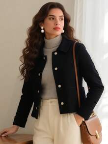 Chamarra para dama de estilo elegante, gabardina de mujer con botones metálicos, chamarras para dama cafés negras beige ajustadas, versátil para oficina y ocasiones casuales - Negro - Ver 4