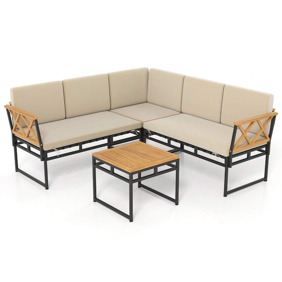 Set Of 4 Outdoor Sectional Sofa L-Shaped Metal Conversation Set W/ Cushions - Beige - View 1