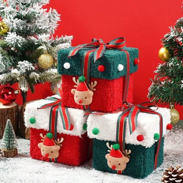 1 pieza Caja de regalo de Navidad, caja de embalaje de regalo de terciopelo gruesa y resistente, decoraciones navideñas para el hogar, caja de regalo creativa de Nochebuena, almacenamiento de escritorio