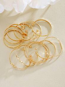 8/12pcs Fashion Metal Textured Heart Shape Bangle Bracelet Set, Boho Adjustable Layered Wristband, Suitable For Daily & Party Wear, Ideal Gift For Friends & Family - Gold - View 7
