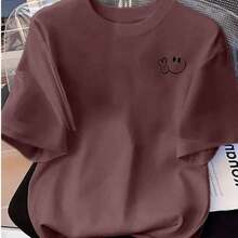 Camiseta estampada mujer cuello redondo y mangas cortas, uso casual diario tshirts para mujeres carita feliz happy face - Café - Ver 5